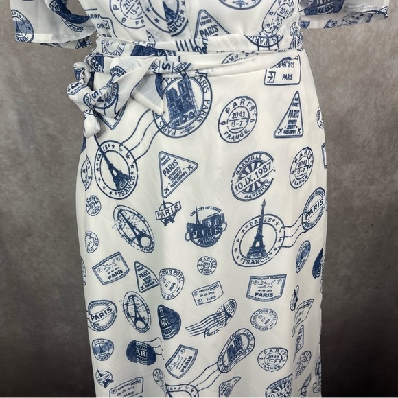 eShakti Midi Wrap Paris Eiffel Tower Stamp Dress In White Blue Women's Size XL - Picture 3 of 8